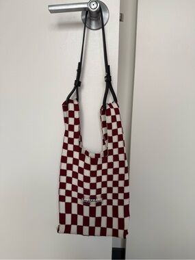 LASTFRAME Ichimatsu Market Small Tote Bag burgundy and white